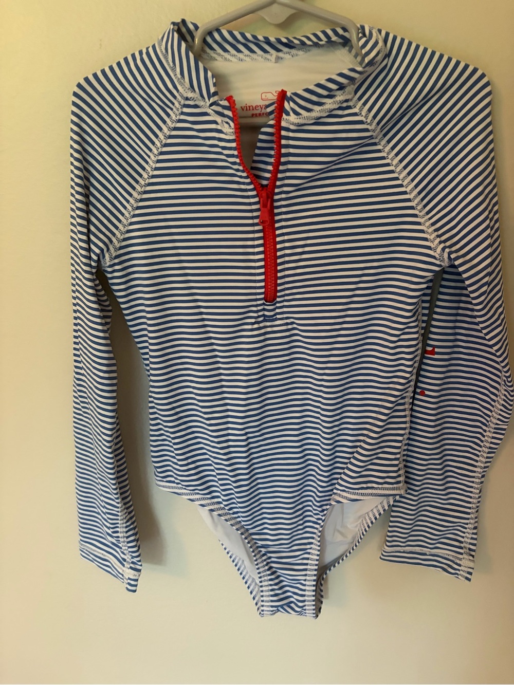 Vineyard Vines Blue & White Striped Long-Sleeve Swim Top with Red Zip